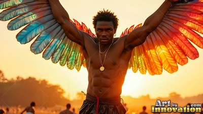 At golden hour outdoors, a shirtless Black man spreads large feathered bright rainbow wings