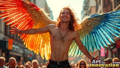 Smiling in the street, a shirtless man spreads wide rainbow feathered wings