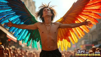 Shirtless man with pride rainbow wings spreads his arms in a sunny parade street