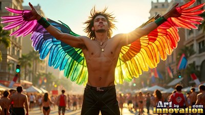 A shirtless man spreads rainbow feather wings wide in bright sunny backlighting