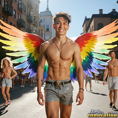 Facing forward in a sunlit street, a smiling man without a shirt wears rainbow wings