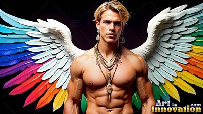 In front of a dark backdrop, a muscular man wears bright rainbow wings
