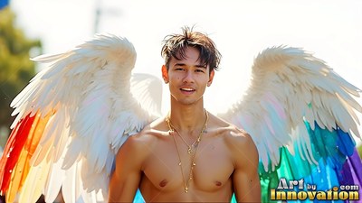 Smiling in the bright sun, a shirtless man wears white feathered wings tipped with rainbow colors