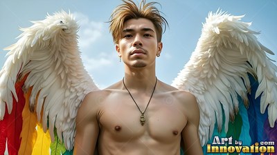 A shirtless man with rainbow wings against a pale blue sky