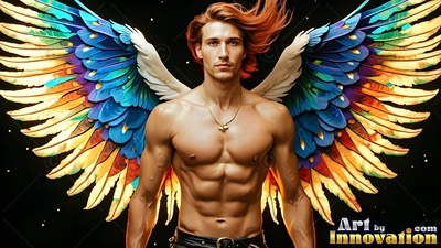 A gold pendant necklace rests on a muscular man having multicolored wings against a dark backdrop