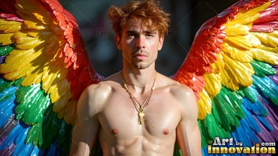 Facing forward outdoors, a bare-chested man wears wings with rainbow feathers