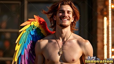 On a sun-filled street, a shirtless smiling man wears bright rainbow wings of feathers