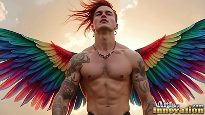 Posing under an evening sky, a shirtless tattooed man spreads rainbow wings