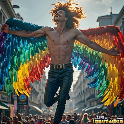 A shirtless man wearing rainbow wings jumps above a street crowd