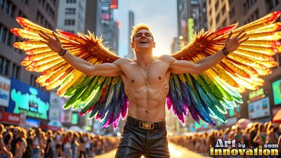Black leather pants on a shirtless man smiling with bright rainbow wings on a sunny paved street