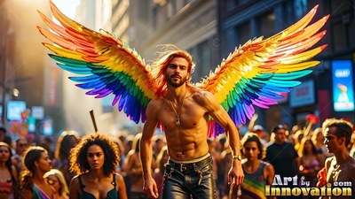 A shirtless man walks through a street parade wearing rainbow-hued wings in warm sunlight