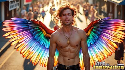 Facing forward on a bright street, a shirtless man wears rainbow-hued wings