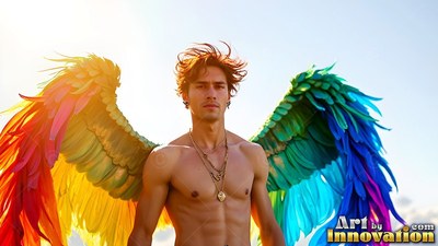 A shirtless man stands under bright sunlight with pride rainbow wings spread wide