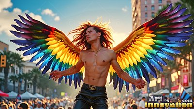 On a crowded urban street, a shirtless man spreads wide rainbow wings