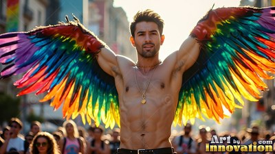 Spreading wings with rainbow feathers, a shirtless man poses outdoors in the sunlight