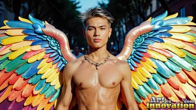 A beaded necklace on a shirtless man with feathered pride rainbow wings on a sun-drenched street