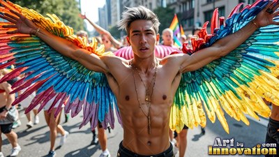 A shirtless man spreads rainbow feather wings wide in bright sunny street light