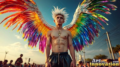 Standing shirtless at a street parade, a man wears large bright rainbow wings