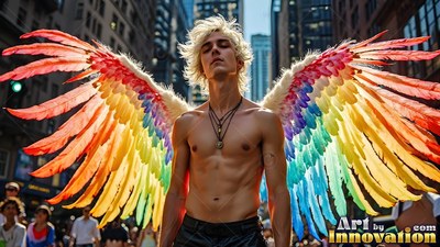 A shirtless blond man wears large multicolored wings of feathers on a sunny downtown street