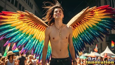 At a crowded street parade, a smiling shirtless man has rainbow feathered wings