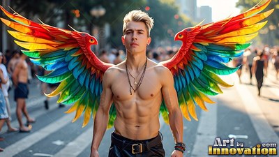 Walking down a bright street, a shirtless man wears bright rainbow feathered wings