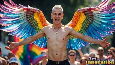 Smiling shirtless man wearing colorful rainbow-hued wings at a parade
