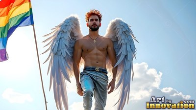 White feathered wings spread from a shirtless man beside a rainbow flag under blue sky