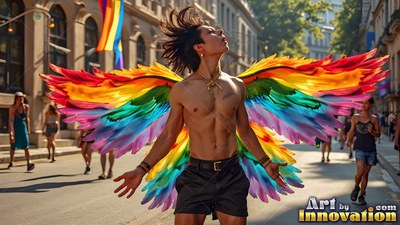 A shirtless man tosses his head back on a sunlit street, wearing rainbow feather wings