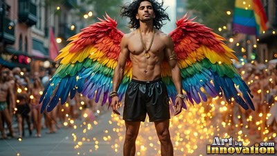 Standing in the street, a shirtless man wears rainbow wings at a parade