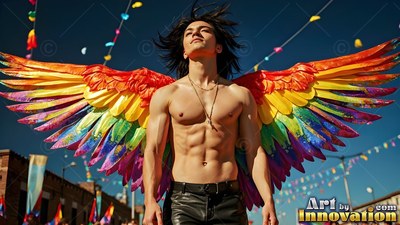 A shirtless man in leather pants spreads colorful rainbow wings under a sunny sky