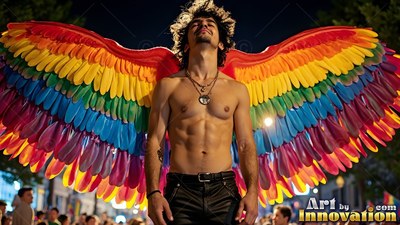 At a crowded night parade, a shirtless man wears feathered multicolored wings