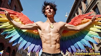 Spreading wings with rainbow feathers wide, a shirtless man poses on a sunny public street
