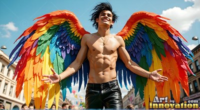 Shirtless man smiling with multicolored wings on a downtown street