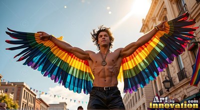 Shirtless man in black leather pants spreads wide rainbow-hued wings on a sunny street