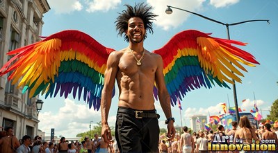 A shirtless smiling man walks through a parade in rainbow wings under a sunny blue sky