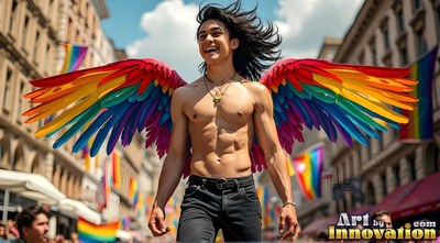 Smiling and walking down a sun-filled street, a shirtless man wears rainbow wings