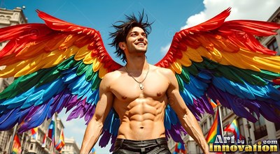 A smiling shirtless man wearing big feathered pride rainbow wings on a city street