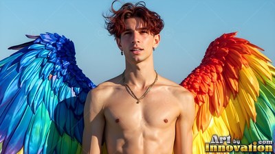Under an open blue sky, a shirtless young man wears bright wings with rainbow feathers
