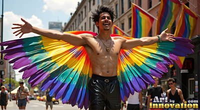Smiling with arms spread wide, a man without a shirt wears multicolored wings on a public street