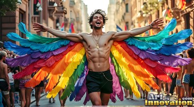 Shirtless smiling man having rainbow-hued wings outstretched in a street