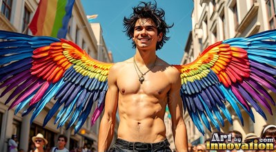 Messy dark hair frames a smiling shirtless man wearing bright rainbow wings on a busy street