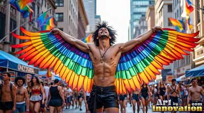 A shirtless man spreads wide rainbow-hued wings in a street parade under bright daylight