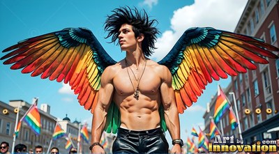 Standing tall on a downtown street, a shirtless man wears rainbow feathered wings