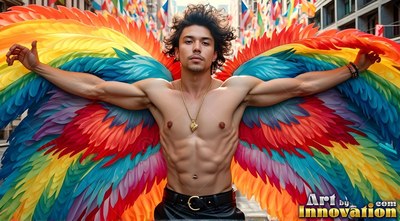 A shirtless man spreads bright rainbow feathered wings on a busy street