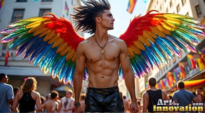 At a sunny street parade, a shirtless man stands in large rainbow feathered wings