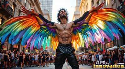 Spreading wings with rainbow feathers, a shirtless man smiles on a crowded public street