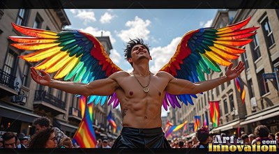 Shirtless man wearing rainbow-hued wings posing at a street parade