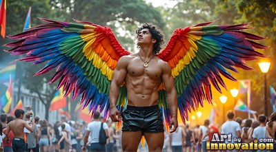 In black leather shorts, a muscular man with rainbow wings stands at a sunny pride parade