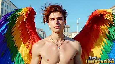 A shirtless man stands outside wearing rainbow-colored wings under bright daylight