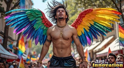 Looking up on a sun-drenched street, a shirtless man wears spread pride rainbow wings